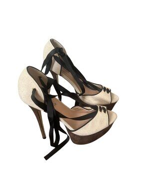Cream Black Ribbon Lace Up Platform Heels Peep Toe Stiletto Pumps